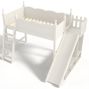 English Elm Twin Loft Bed Solid Pine Frame with Wardrobe Shelving Detachable Slide Kids Room Beige W5305S00018