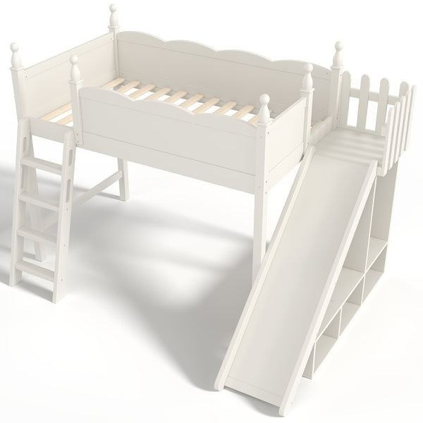 English Elm Twin Loft Bed Solid Pine Frame with Wardrobe Shelving Detachable Slide Kids Room Beige W5305S00018