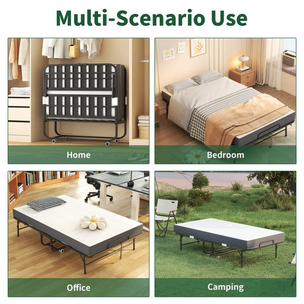English Elm 75 Inch Rollaway Twin Bed with Memory Foam Mattress Heavy Duty Steel Frame Foldable W2735P425462