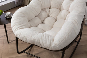 English Elm Outdoor Woven Rattan Egg Rocking Chair with Padded Cushion for Patio Porch Resort Lounge Ancient White W640P499471