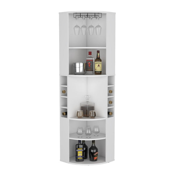 English Elm Oban Matte Black Corner Bar Cabinet with Bottle Cubbies and Open Stemware Shelves B200S00388