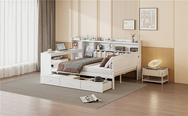 English Elm Full Size Wooden Daybed With Integrated Desk, Usb Ports, 3 Drawers & Modern White Finish N820S00018K