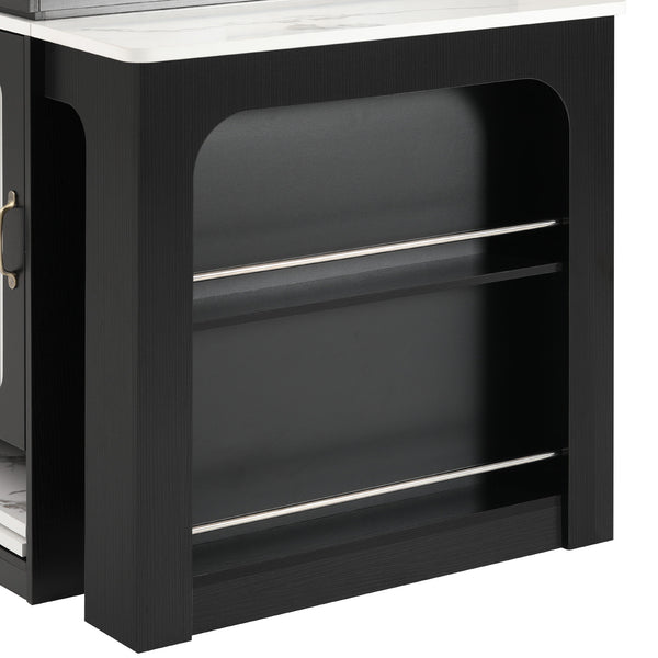 English Elm K&K Modern Extendable 59.5" Kitchen Island with Double-Sided Storage, Power Outlet & Casters Black N707S000017B