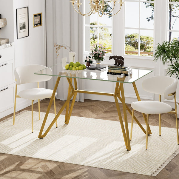 English Elm 47.3-inch Glass Dining Table with Gold Metal Legs, Modern 47.3"L x29.5"W x30.3"H, Seats 1-6, 200 lb Capacity W1162P306711