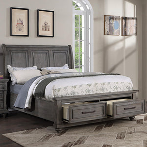 English Elm Queen Sleigh Bed with Underbed Drawers Gray Vintage Transitional 3-Panel Headboard Storage Classic Elegance B011S01399