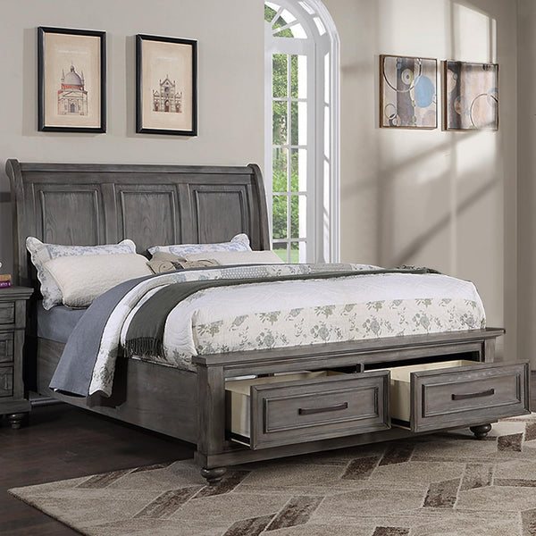 English Elm Eastern King Sleigh Bed with Underbed Storage Drawers Gray Vintage 3-Panel Headboard 94x81x57" B011S01401