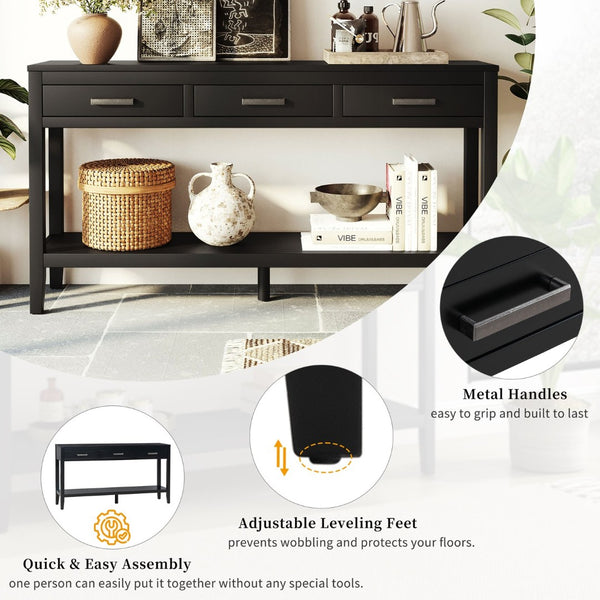 English Elm U_Style 62.2'' Farmhouse Console Table With 3 Drawers, Open Shelf & Iron Handles For Home Organization N711P234485B-GIGA