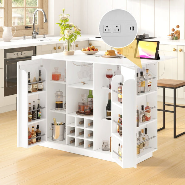 English Elm U_style Compact Kitchen Island with Drop Leaf Power Outlet Wine Rack Stemware Storage White N711P437715K