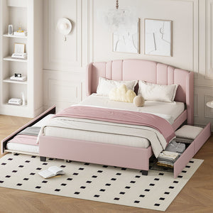 English Elm Upholstered Platform Bed with Wingback Headboard, Twin Trundle & 2 Storage Drawers, Linen Queen Frame Pink 83 L x 9.5 W x 8.75 H N733S208132H