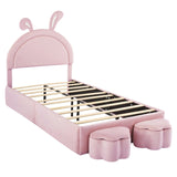 English Elm Twin Size Upholstered Rabbit-Shape Bed With 2 Storage Stools, Velvet Platform Bed With Cartoon Ears Shaped Headboard, Pink