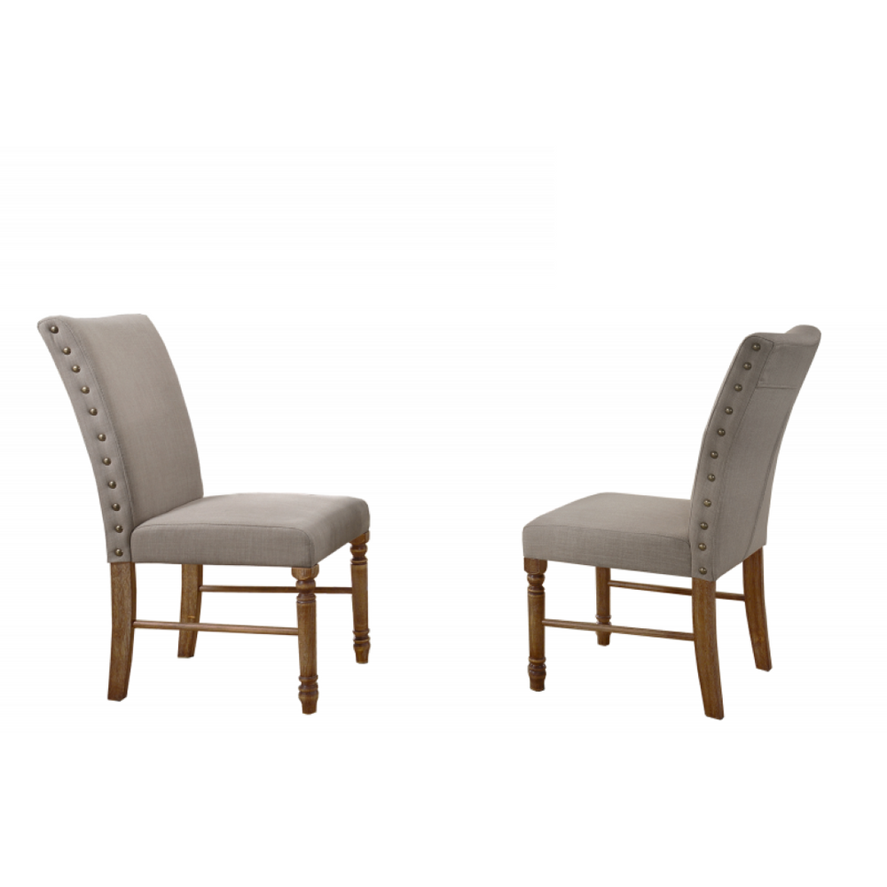 English Elm Antique Oak Upholstered Side Chair Set Beige Fabric Nailhead Trim Transitional Dining B011P423340