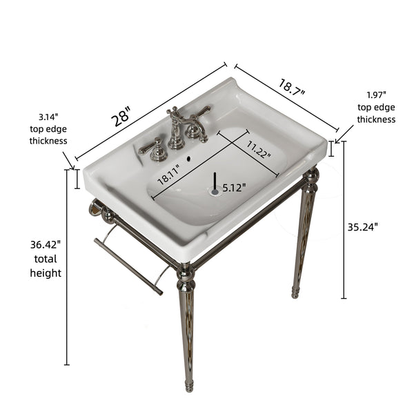 English Elm VICI 28" Bathroom Console Sink with Integrated Ceramic Basin, Overflow, Stainless Support Legs Chrome,White W2615S00112