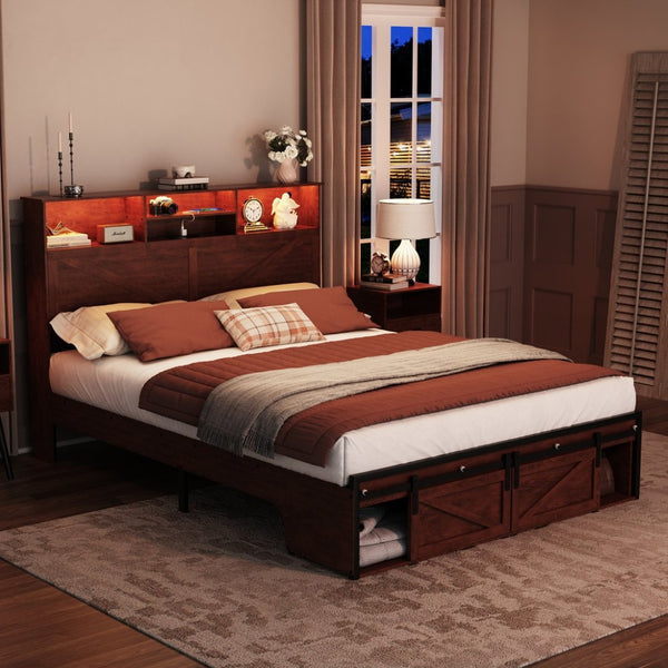 English Elm Farmhouse Full Bed with Storage Headboard Led Lighting and Built-in Charging Station W1550P343687