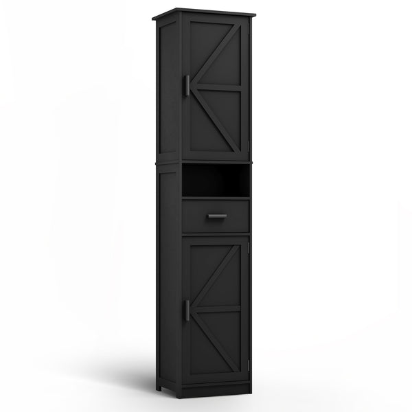 English Elm 69" Slim Tall Storage Cabinet with Barn Doors and Drawer for Small Spaces, Adjustable Shelves, Sturdy Black W2386P207750
