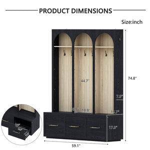 English Elm Farmhouse Hall Tree with Arched Panels Bench Drawers and Hooks for Mudroom Entryway Black W5271S00005
