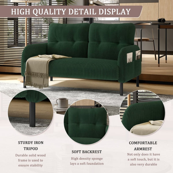 English Elm United We Win Corduroy Two Seat Sofa with Lumbar Support and Built in Storage Pockets Emerald W1568P386169