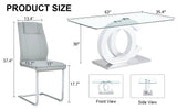 English Elm 1 Table and 6 Chairs Set.63"X35.4 Rectangular Transprant Tempered Glass Dining Tabletop With White Mdf Oc Shaped Bracket.Paried With 6 Light Gray High-Quality Pu Chairs With Silver Metal Legs.