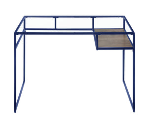 English Elm Yasin Modern Glass Top Writing Desk in Blue Finish with Metal Sled Base and Open Storage Shelf B2726P256257