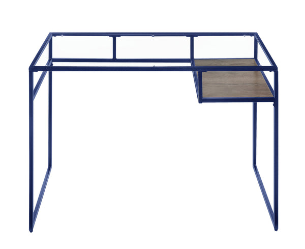 English Elm Yasin Modern Glass Top Writing Desk in Blue Finish with Metal Sled Base and Open Storage Shelf B2726P256257
