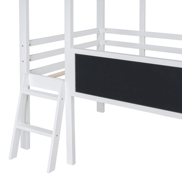 English Elm Twin House Loft Bed with Slide Chalkboard Panel and Led Roofline for Kids White WF324323AAK