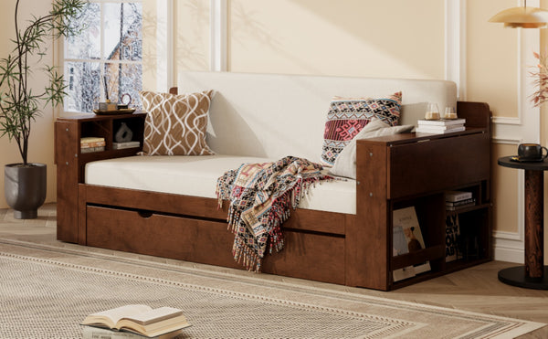 English Elm Queen Daybed with Hydraulic Desk Storage Drawers and Convertible Sofa for Small Spaces Espresso LT000272AAP