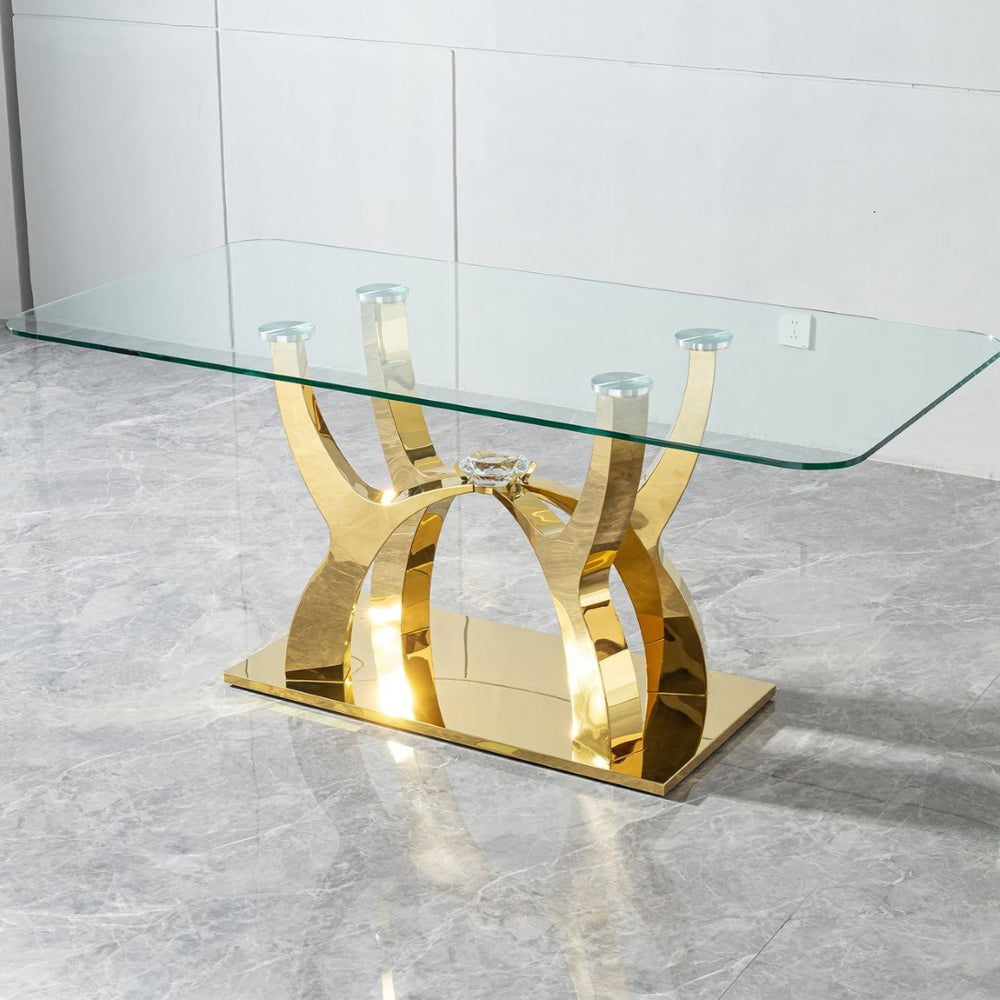 English Elm Luxury Gold Pvd Steel Rectangular Dining Table with Black Tempered Glass Seats Six W2723S00084