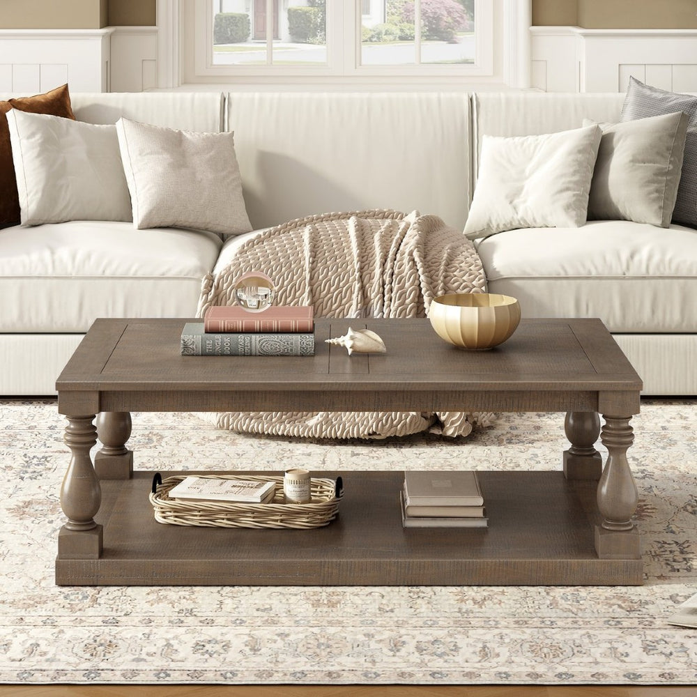 English Elm U_style Pine Veneer Coffee Table with Sculptural Turned Legs for Classic Living Room Decor Brown N711P407149D