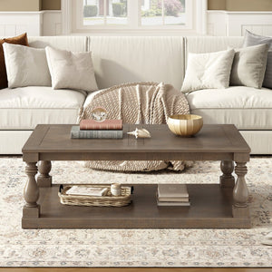 English Elm U_style Pine Veneer Coffee Table with Sculptural Turned Legs for Classic Living Room Decor Brown N711P407149D