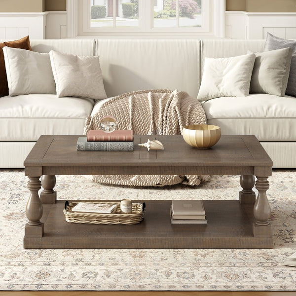 English Elm U_style Pine Veneer Coffee Table with Sculptural Turned Legs for Classic Living Room Decor Brown N711P407149D