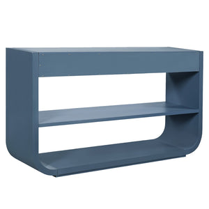 English Elm [video] Sculptural Console Table Pine Wood Curved Legs Soft-close Drawers Open Shelving Entryway Blue N759P433560C