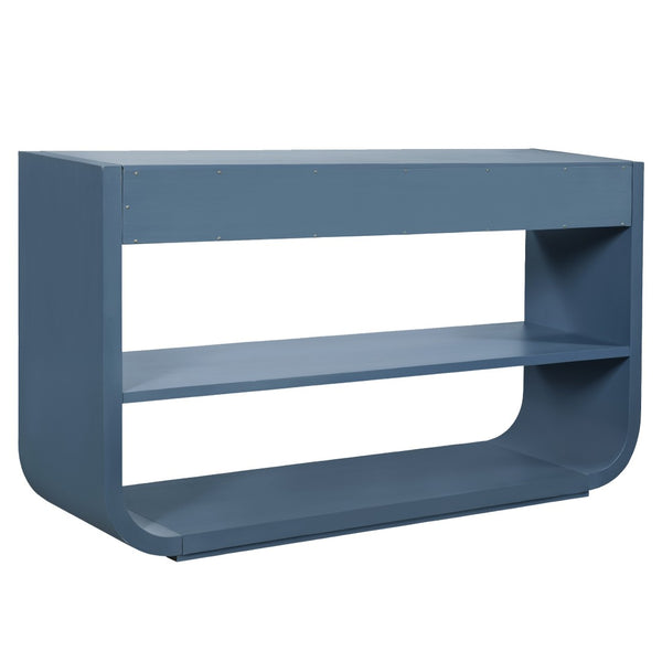 English Elm [video] Sculptural Console Table Pine Wood Curved Legs Soft-close Drawers Open Shelving Entryway Blue N759P433560C