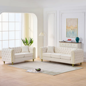 English Elm 3 Piece Chesterfield Velvet Sofa Set Button Tufted with Gold Legs for Living Room Beige W3373S00082