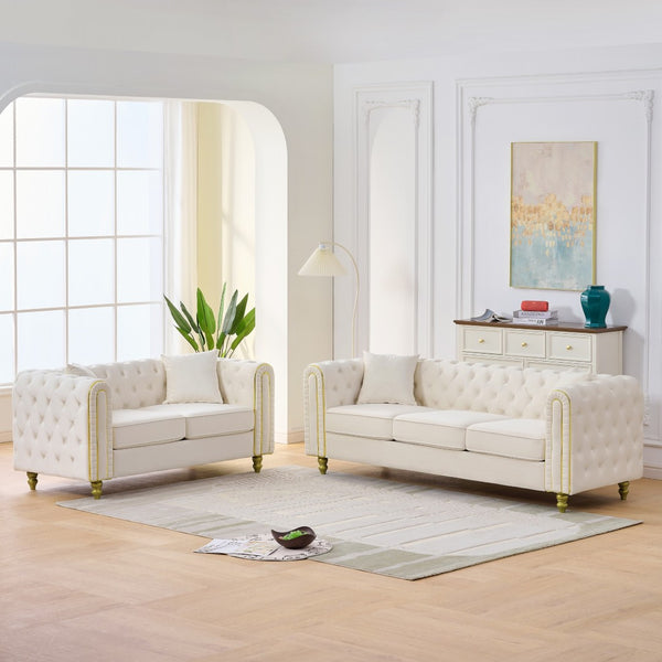 English Elm 3 Piece Chesterfield Velvet Sofa Set Button Tufted with Gold Legs for Living Room Beige W3373S00082