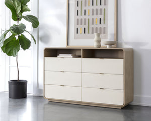 Sunpan Kayden Dresser: Timeless Acacia Wood Charm with Oyster Shagreen Drawers & Antique Brass Hardware
