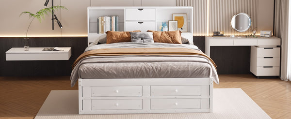 English Elm King Platform Bed with 8 Drawers Open Headboard Compartments and Pine Wood Frame White GX000454AAK-1