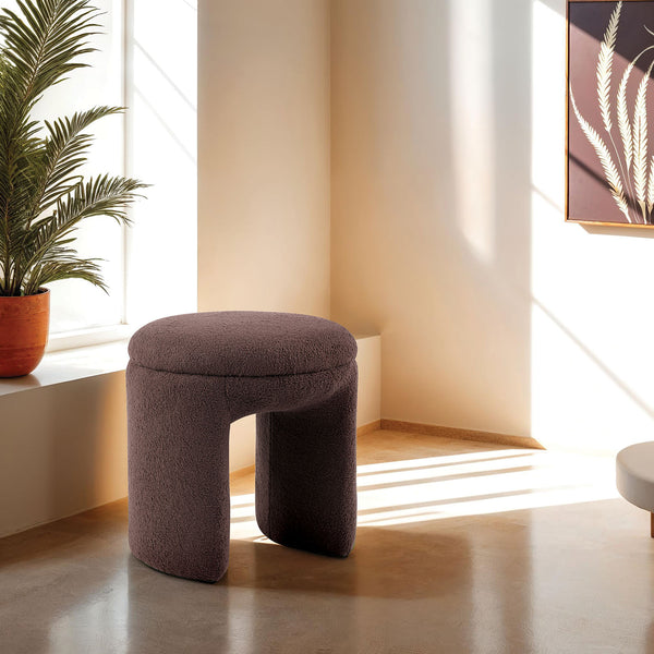 English Elm Brown Teddy Shearling Round Top Accent Stool 18" x19.5" Cozy Modern Ottoman Bench for Living Rooms B2741P388363