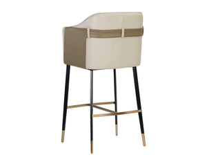 Sunpan Carter Barrel Back Barstool in Faux Leather with Black Steel Legs and Copper Foot Caps for Elegance Napa Beige / Napa Tan