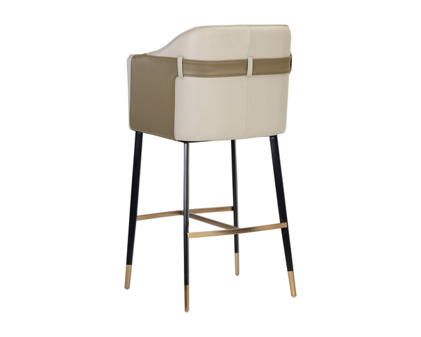 Sunpan Carter Barrel Back Barstool in Faux Leather with Black Steel Legs and Copper Foot Caps for Elegance Napa Beige / Napa Tan