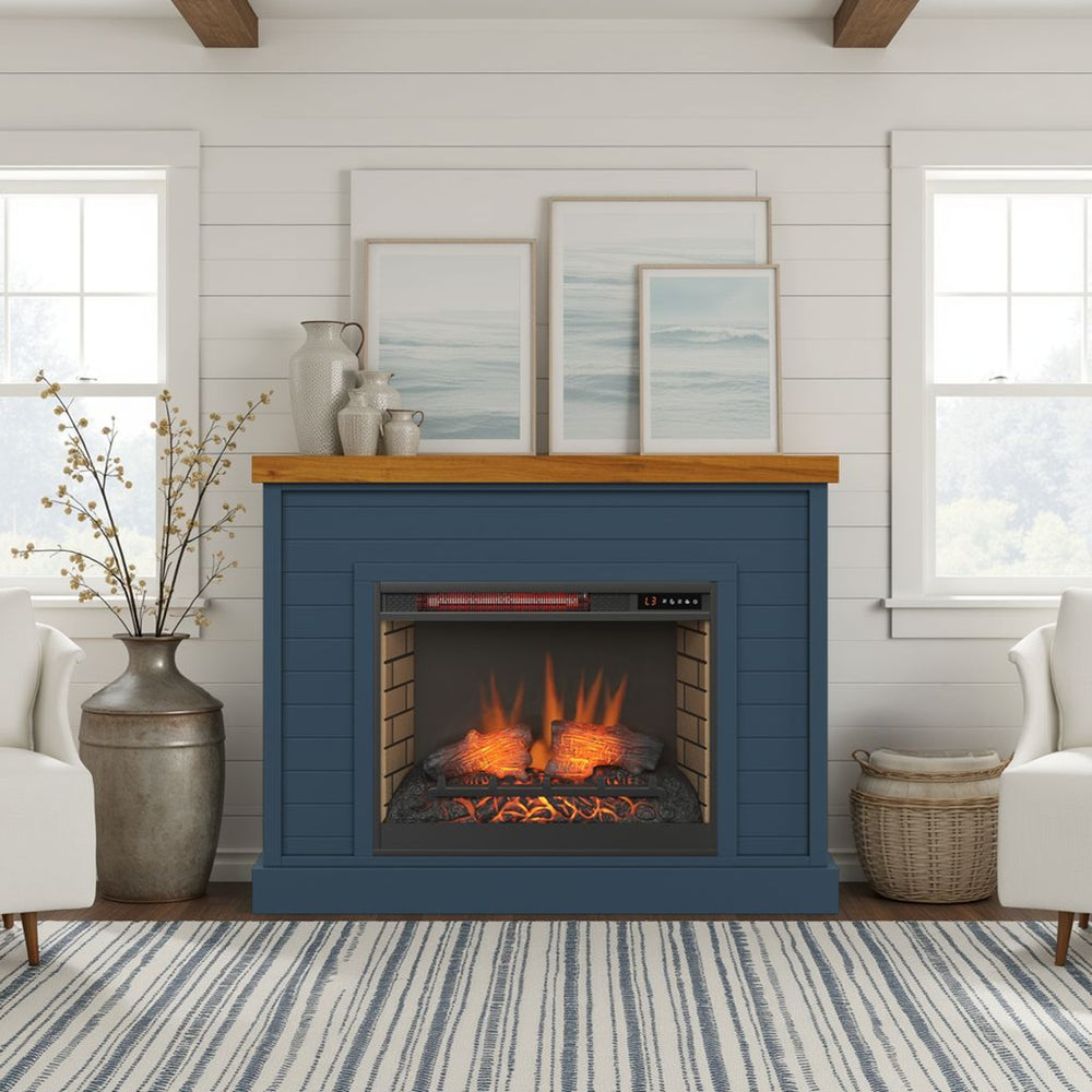 English Elm 48 Inch Fireplace Mantel with Shiplap Panels and Plank Top, Two-Tone Farmhouse Charm, Electric Heat Blue B108131559