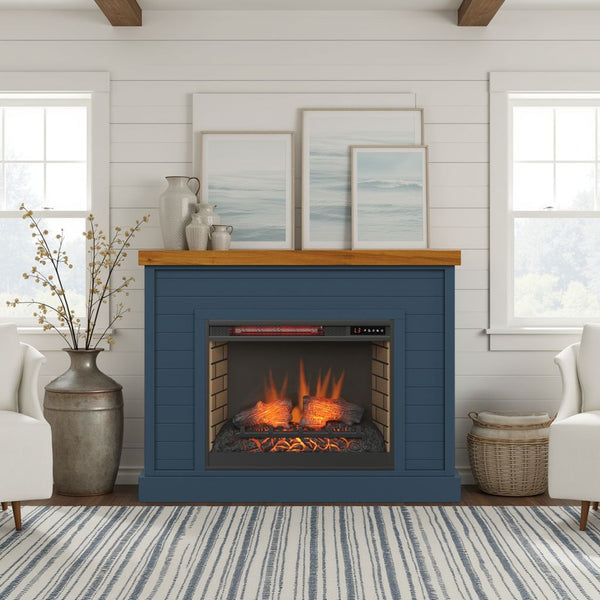 English Elm 48 Inch Fireplace Mantel with Shiplap Panels and Plank Top, Two-Tone Farmhouse Charm, Electric Heat Blue B108131559