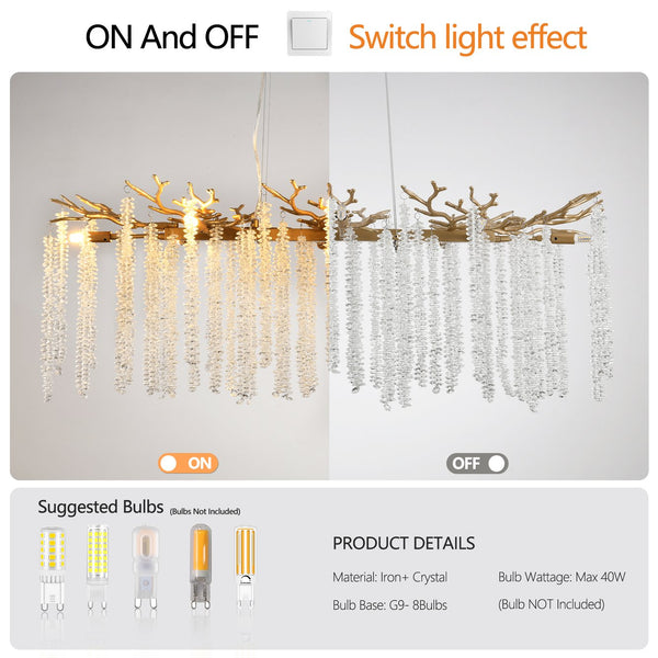English Elm 39-inch Modern Golden Pendant Light with Cascading Crystal Strands, 8-G9 Sockets, Luxe Foyer & Dining Accent W1340P232979