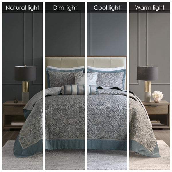 English Elm 5 Piece Jacquard Bedspread Set with Throw Pillows Queen Paisley Pattern Grey-Trimmed Quilted Luxury Teal 18.11 L x 22.83 W x 7.48 H B035P148359