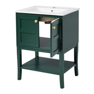 English Elm 24'' Retro Green Bathroom Vanity with Glossy Resin Basin, Solid Wood Feet, Soft-Close Doors, Ample Storage, Metal Handles (Modern) WF324870AAF