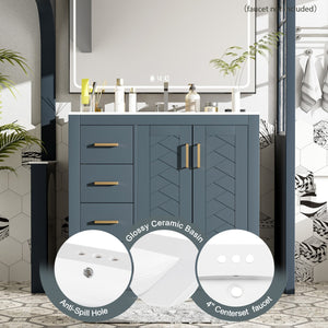 English Elm 36'' Bathroom Vanity with Ceramic Sink Combo, Solid Wood Frame, Soft-Close Drawers and Stylish Retro Groove Design Blue N710P291684C