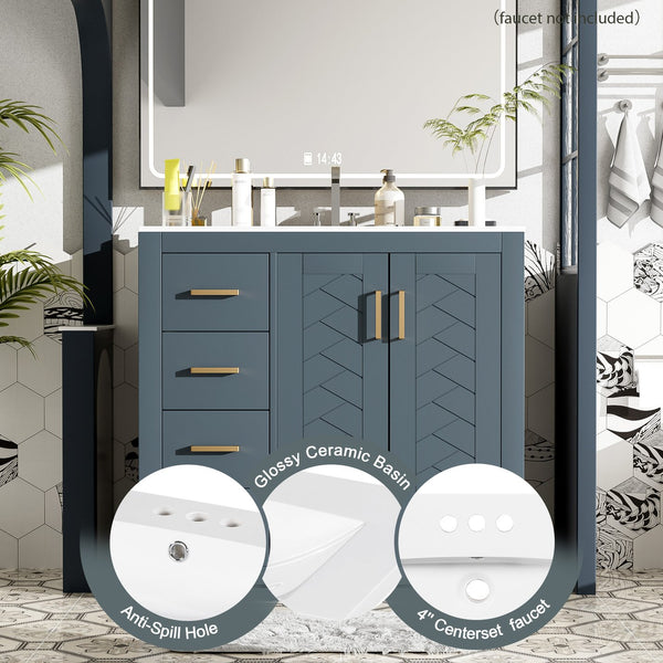 English Elm 36'' Bathroom Vanity with Ceramic Sink Combo, Solid Wood Frame, Soft-Close Drawers and Stylish Retro Groove Design Blue N710P291684C