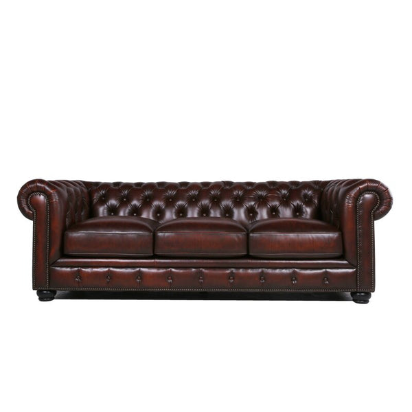 English Elm Traditional Tufted Leather Chesterfield Sofa with Feather-Down Cushions, Nailhead Trim & Wood Legs Brown B193P200145