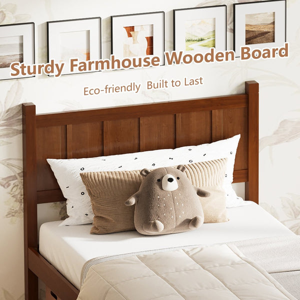 English Elm Twin Platform Bed Vertical Slat Headboard Farmhouse Shaker Wood Grain Finish Bedroom Dark Walnut N733P422478P