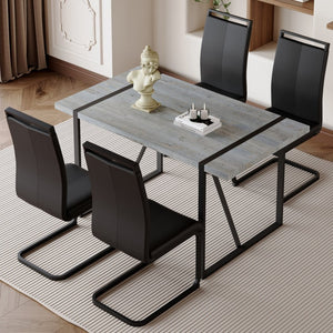 English Elm Table Set: Modern Minimalist Grey Marble Dining Table With 4 Black Pu Leather Chairs & Metal Frame W1151S02683-GIGA