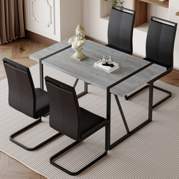 English Elm Table Set: Modern Minimalist Grey Marble Dining Table With 4 Black Pu Leather Chairs & Metal Frame W1151S02683-GIGA
