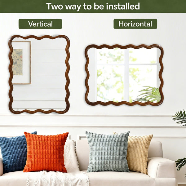 English Elm Black Walnut Solid Wood Wavy Round Mirror Sculptural Bohemian Wall Accent 30 Inch W2203P455235